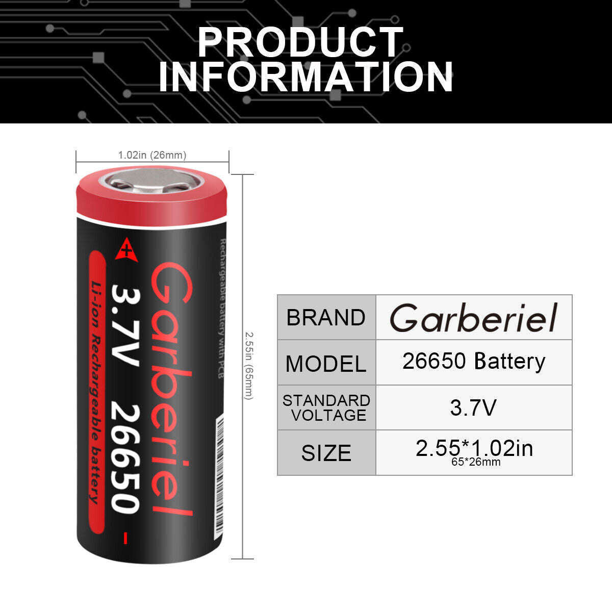 26650 Rechargeable Battery 3.7V Li-ion Flat Top 2 Pack