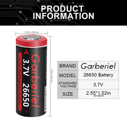 26650 Rechargeable Battery 3.7V Li-ion Flat Top 2 Pack