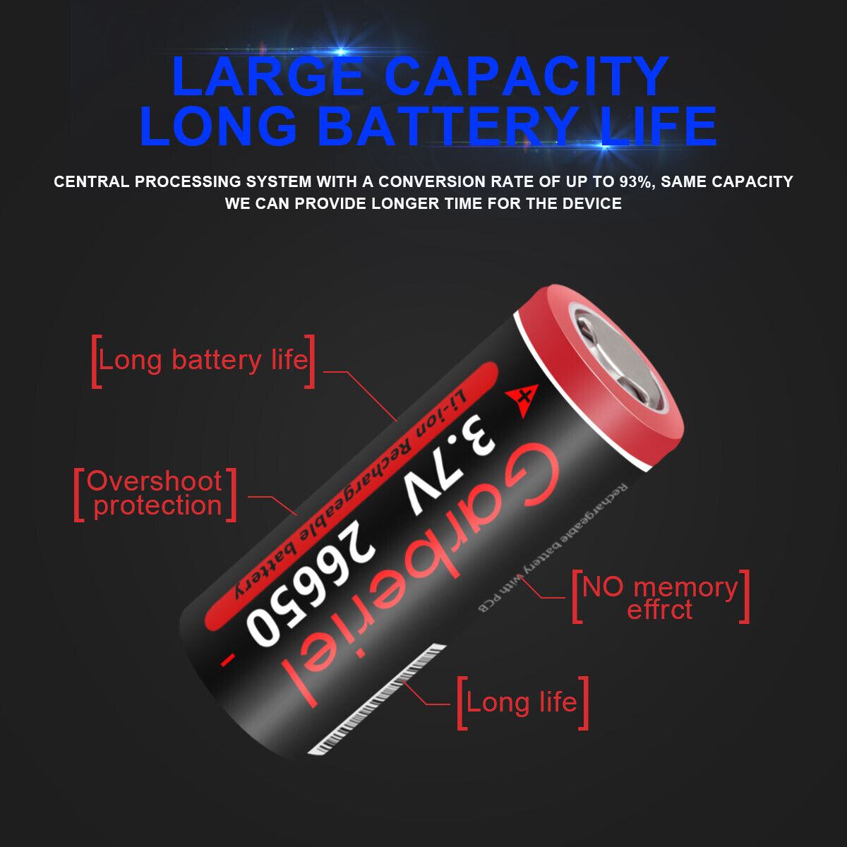 26650 Rechargeable Battery 3.7V Li-ion Flat Top 2 Pack