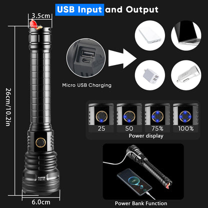 Rechargeable LED Flashlight XHP90 99000LM Tactical Torch Power Bank