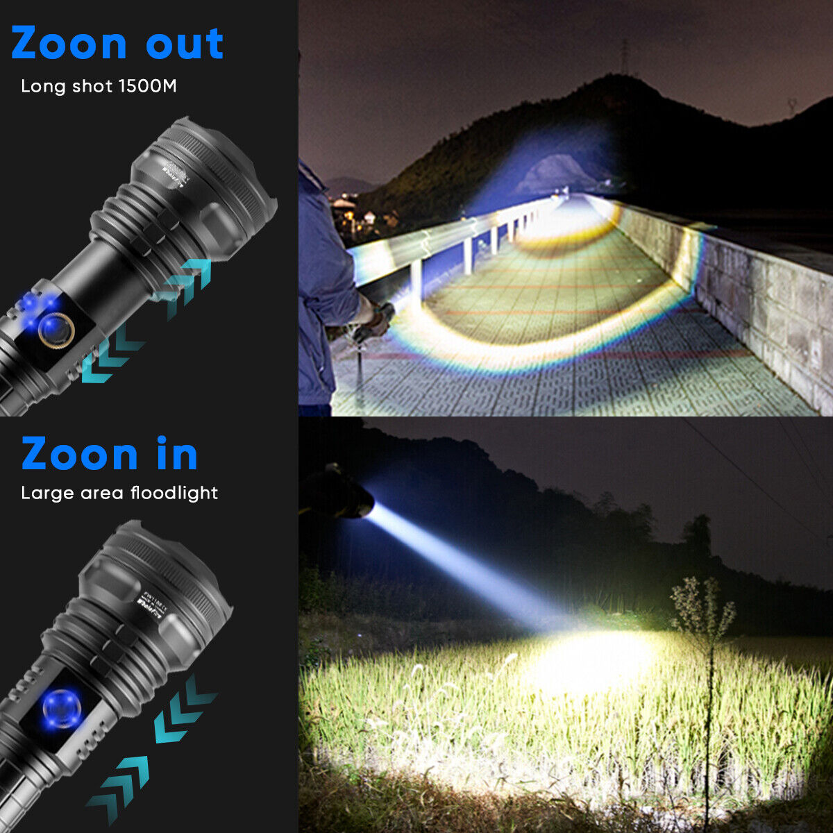 Rechargeable LED Flashlight XHP90 99000LM Tactical Torch Power Bank
