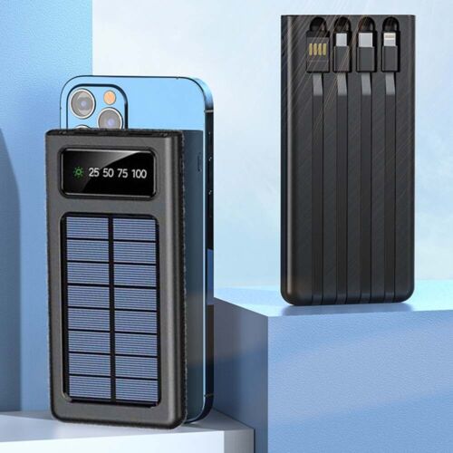Solar Power Bank 30000mAh – 4 USB Ports, Built-In Cables & SOS Light