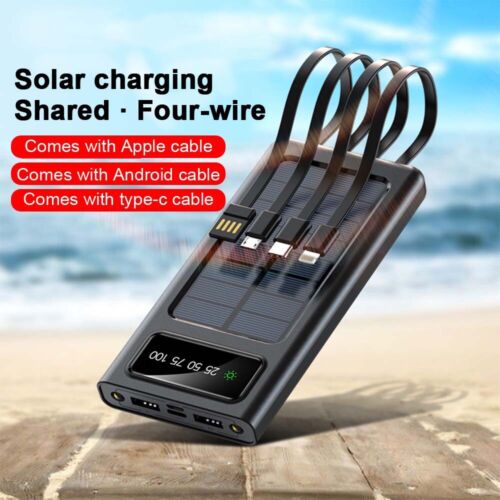 Solar Power Bank 30000mAh – 4 USB Ports, Built-In Cables & SOS Light