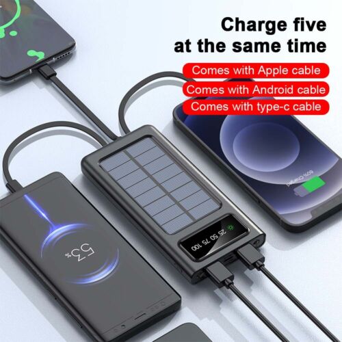 Solar Power Bank 30000mAh – 4 USB Ports, Built-In Cables & SOS Light