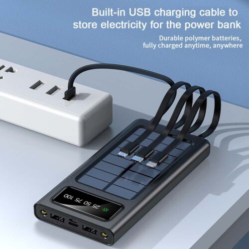 Solar Power Bank 30000mAh – 4 USB Ports, Built-In Cables & SOS Light