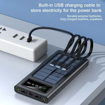 Solar Power Bank 30000mAh – 4 USB Ports, Built-In Cables & SOS Light