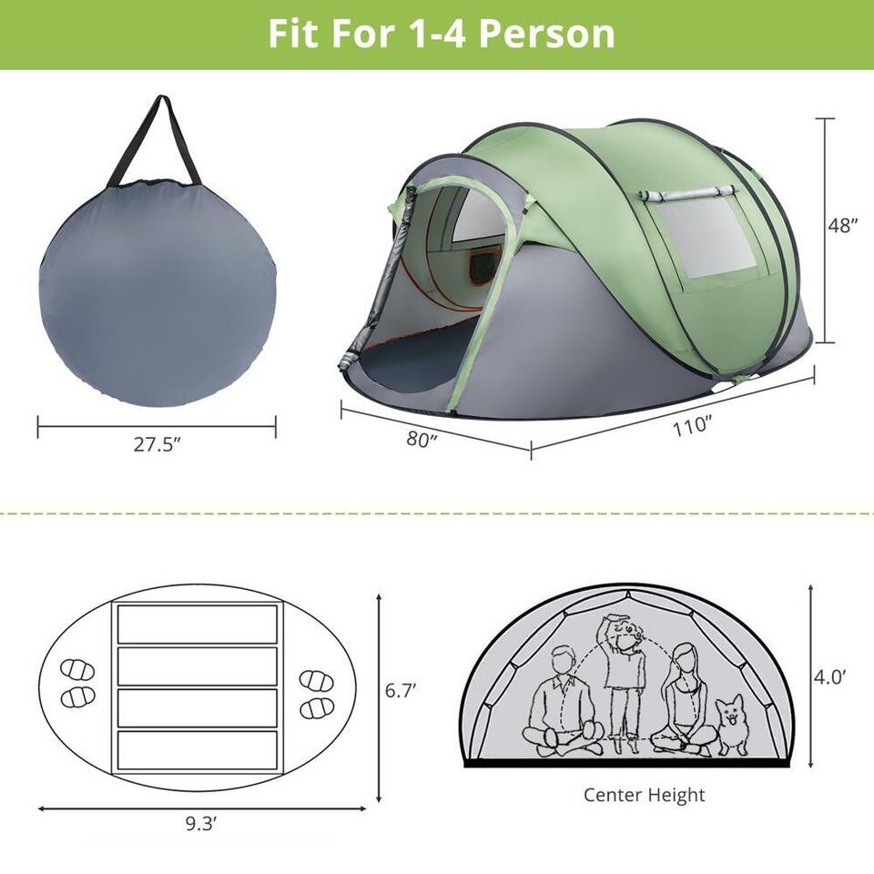 Pop-Up Camping Tent 4 Person Waterproof Instant Setup Family