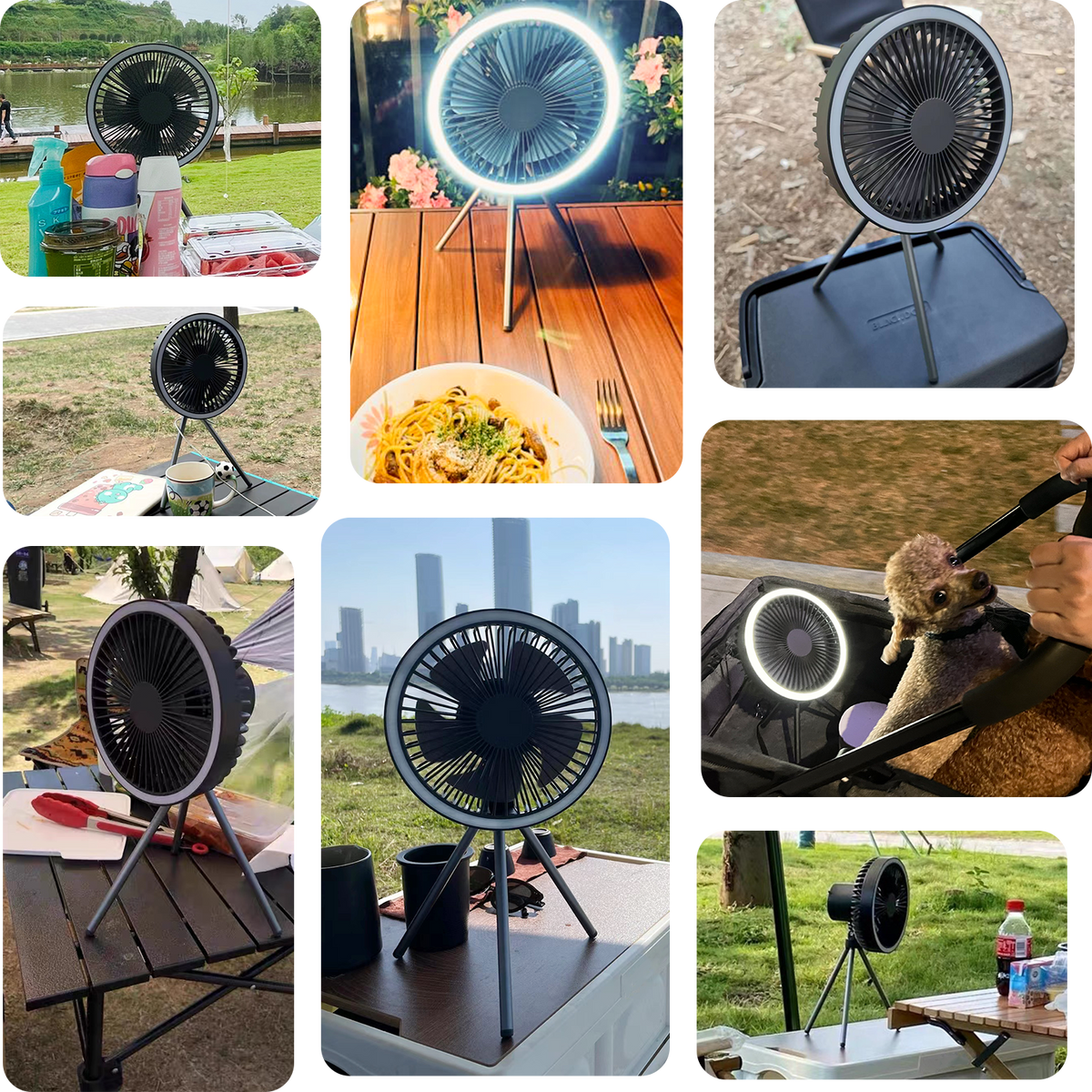 Rechargeable camping fan with night light and power bank