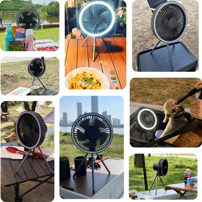 Rechargeable camping fan with night light and power bank